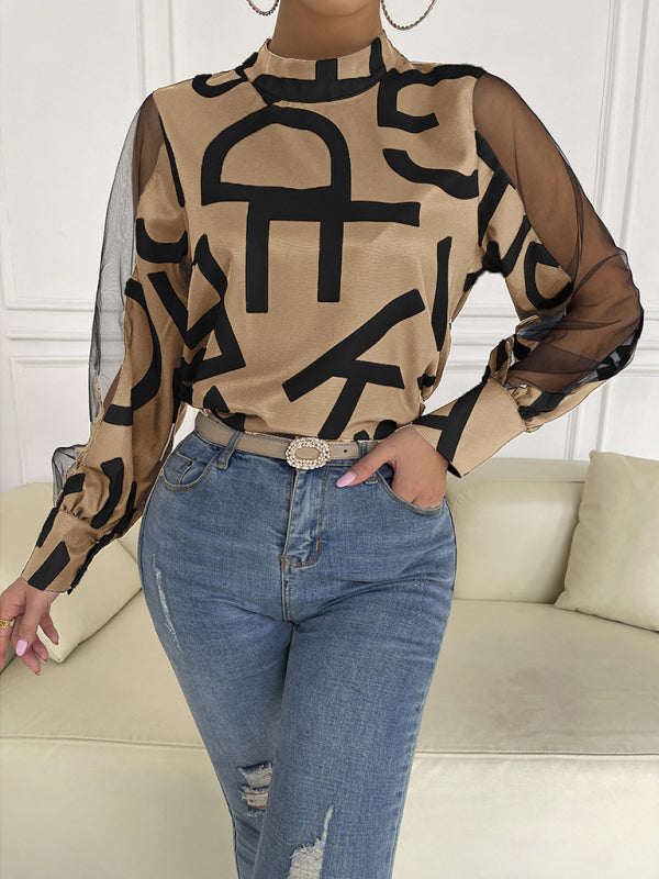 Women's Geometric Mesh Patchwork Long Sleeve Top
