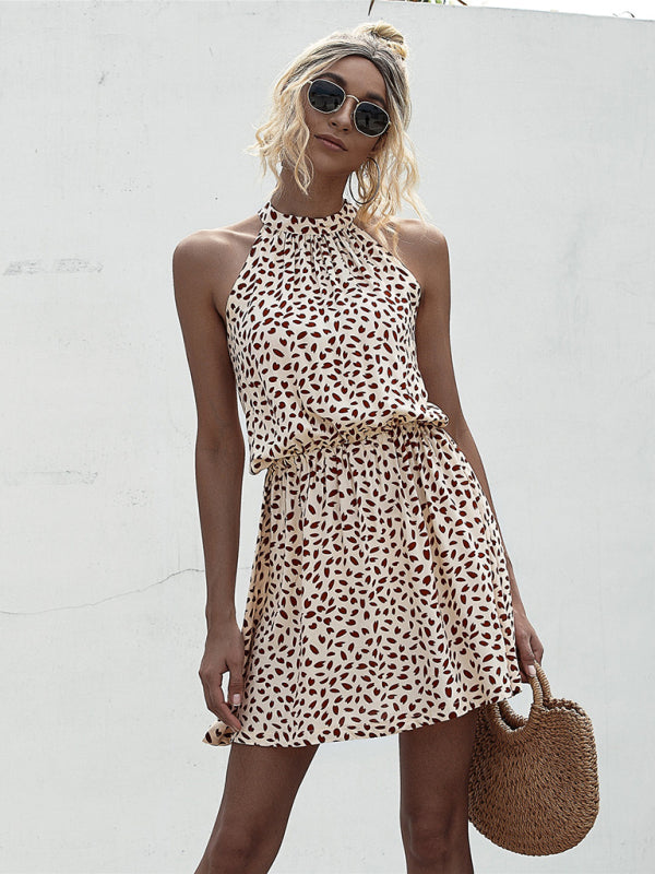 Off-the-Shoulder Halter Mini Dress – Heart Print, Woven Fabric, Sexy Fit