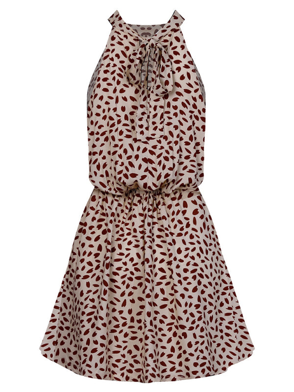 Off-the-Shoulder Halter Mini Dress – Heart Print, Woven Fabric, Sexy Fit