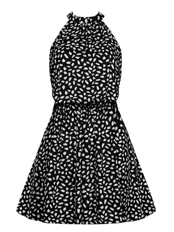 Off-the-Shoulder Halter Mini Dress – Heart Print, Woven Fabric, Sexy Fit