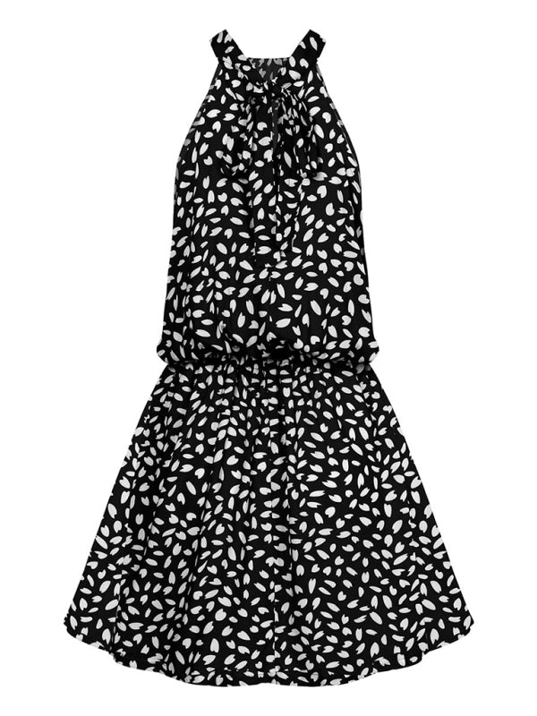 Off-the-Shoulder Halter Mini Dress – Heart Print, Woven Fabric, Sexy Fit