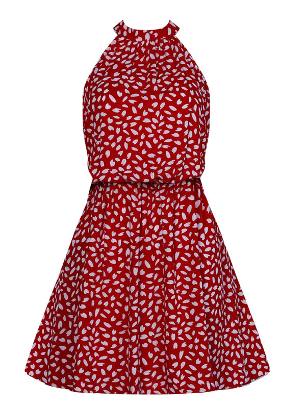 Off-the-Shoulder Halter Mini Dress – Heart Print, Woven Fabric, Sexy Fit