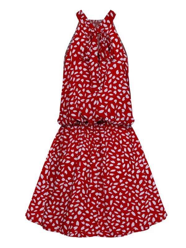 Off-the-Shoulder Halter Mini Dress – Heart Print, Woven Fabric, Sexy Fit