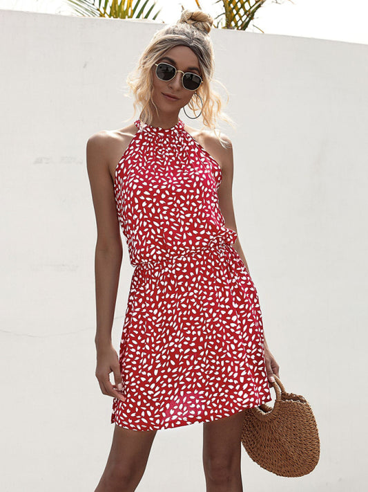 Off-the-Shoulder Halter Mini Dress – Heart Print, Woven Fabric, Sexy Fit