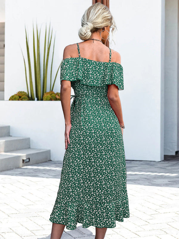 One-Shoulder Floral Woven Mid-Length Dress – Irregular Hem, Spring-Summer Style