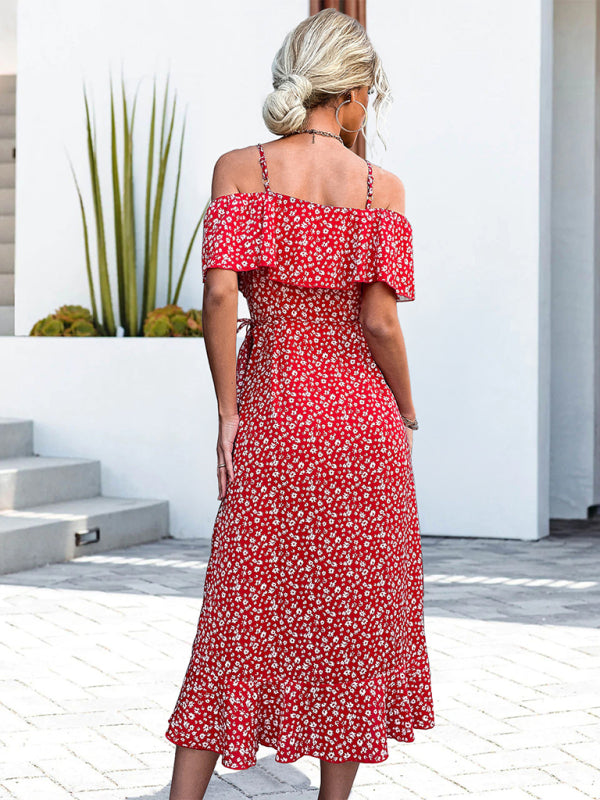 One-Shoulder Floral Woven Mid-Length Dress – Irregular Hem, Spring-Summer Style