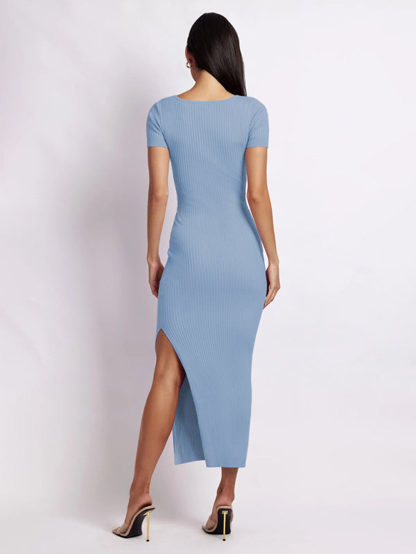 Knit V-Neck Slit Midi Dress – Short Sleeves, Bodycon Fit, High-Stretch Fabric