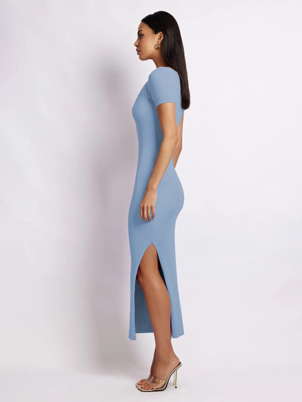 Knit V-Neck Slit Midi Dress – Short Sleeves, Bodycon Fit, High-Stretch Fabric