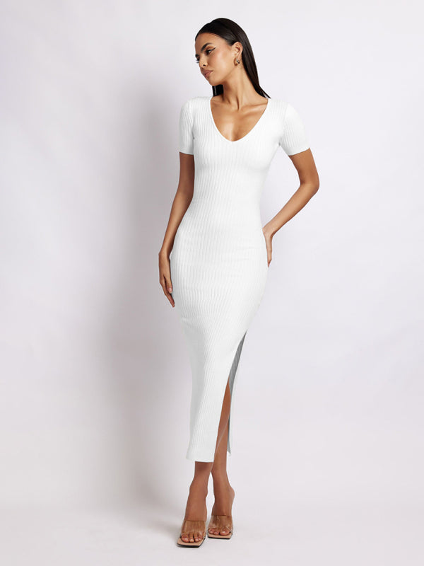 Knit V-Neck Slit Midi Dress – Short Sleeves, Bodycon Fit, High-Stretch Fabric