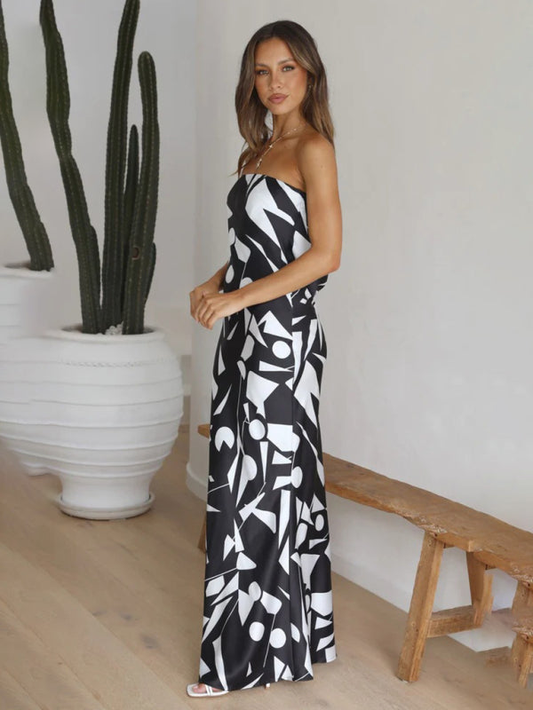 Backless Geometric Print Dress – Sleeveless Retro Midi with Irregular Hem
