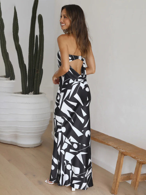 Backless Geometric Print Dress – Sleeveless Retro Midi with Irregular Hem