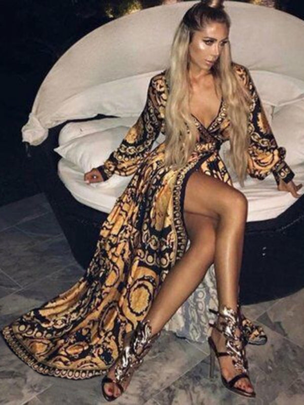 Bohemian V-neck Floral Maxi Dress - Long Sleeves In Golden Yellow