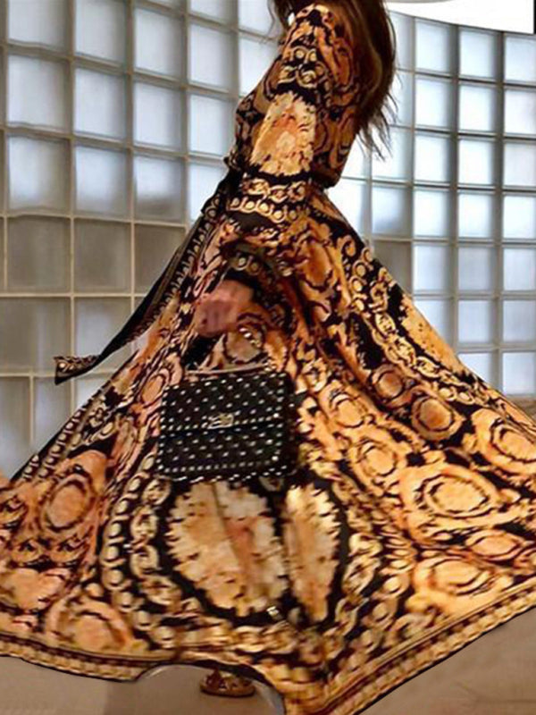 Bohemian V-neck Floral Maxi Dress - Long Sleeves In Golden Yellow