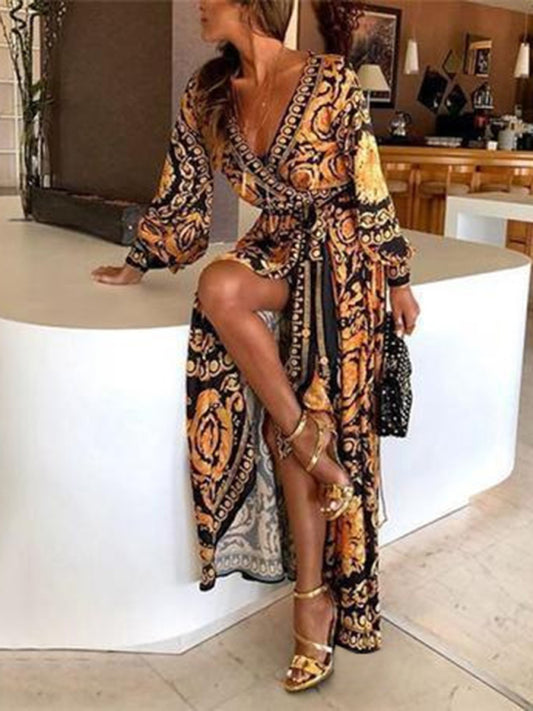 Bohemian V-neck Floral Maxi Dress - Long Sleeves In Golden Yellow