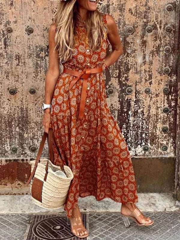Bohemian Polka Dot Midi Dress – Sleeveless Summer Style (Belt Not Included)