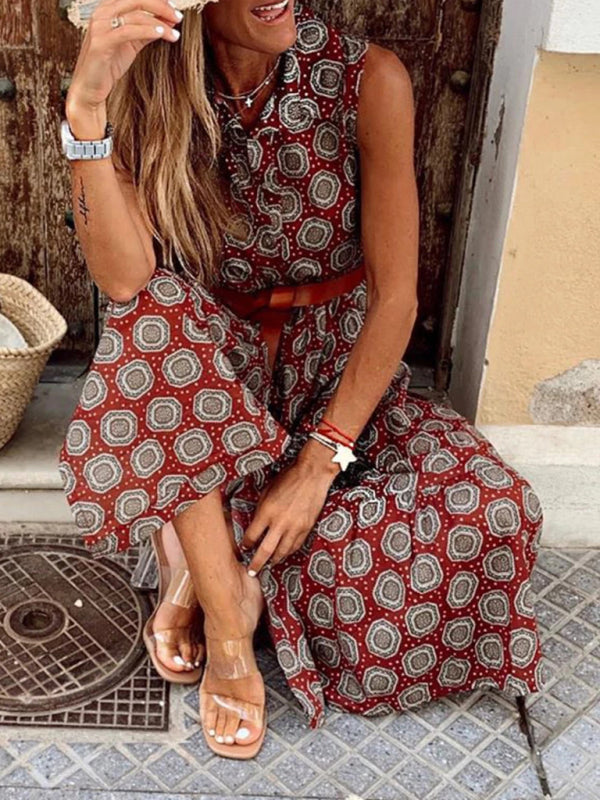 Bohemian Polka Dot Midi Dress – Sleeveless Summer Style (Belt Not Included)