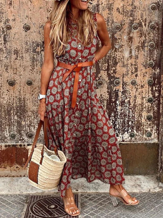 Bohemian Polka Dot Midi Dress – Sleeveless Summer Style (Belt Not Included)