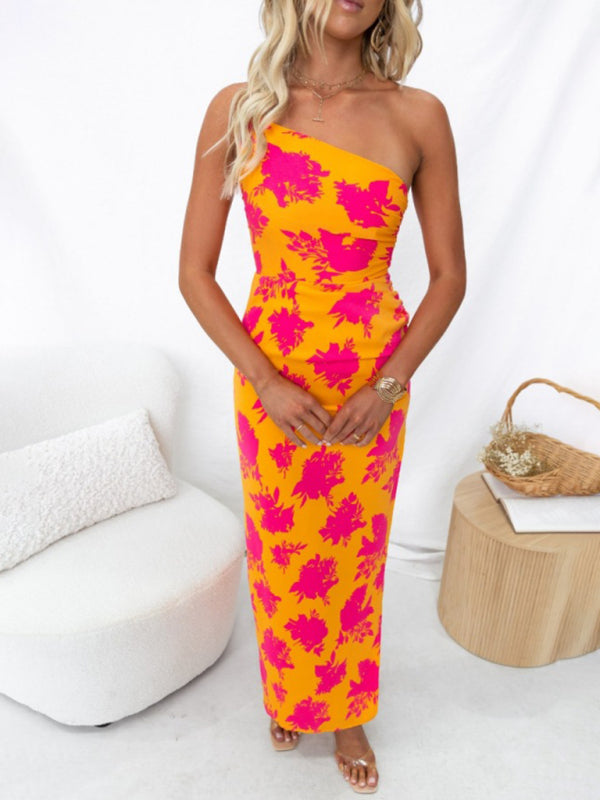 Floral Backless Maxi Dress with Side Slit – Sloping Shoulders & Boho Style