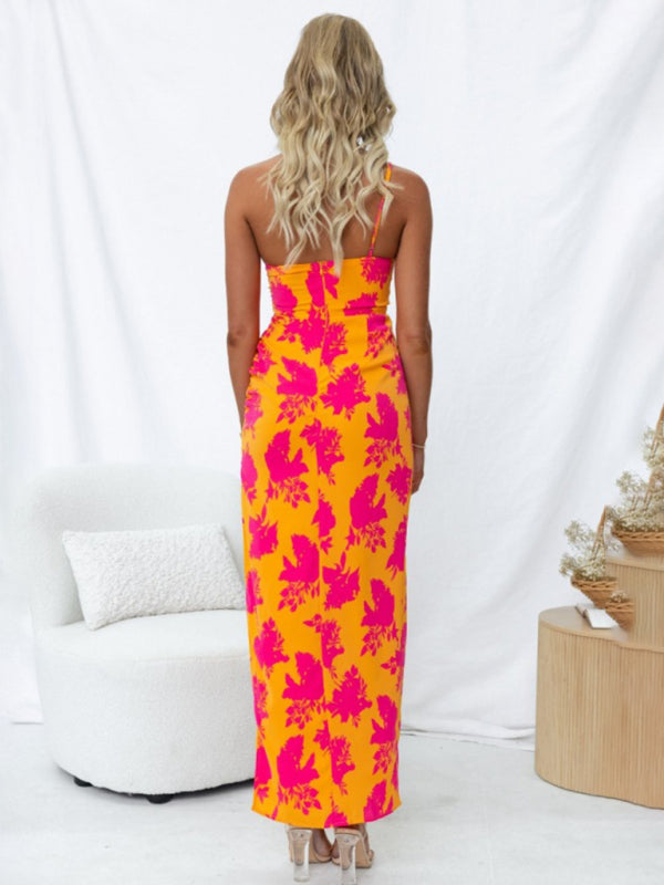 Floral Backless Maxi Dress with Side Slit – Sloping Shoulders & Boho Style