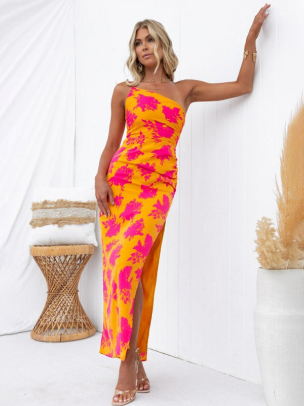 Floral Backless Maxi Dress with Side Slit – Sloping Shoulders & Boho Style