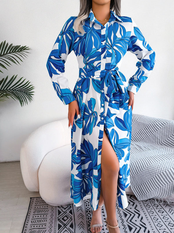 Women's Floral Print Lapel Shirt Dress with Tie Waist – Sleeveless & Woven
