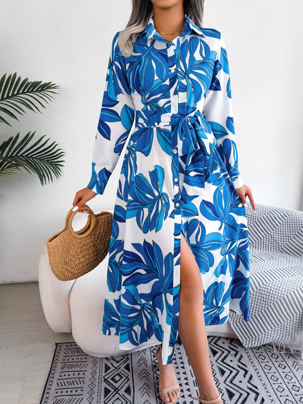 Women's Floral Print Lapel Shirt Dress with Tie Waist – Sleeveless & Woven