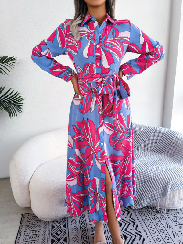 Women's Floral Print Lapel Shirt Dress with Tie Waist – Sleeveless & Woven
