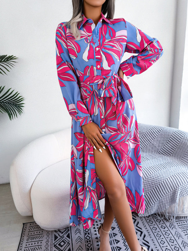 Women's Floral Print Lapel Shirt Dress with Tie Waist – Sleeveless & Woven