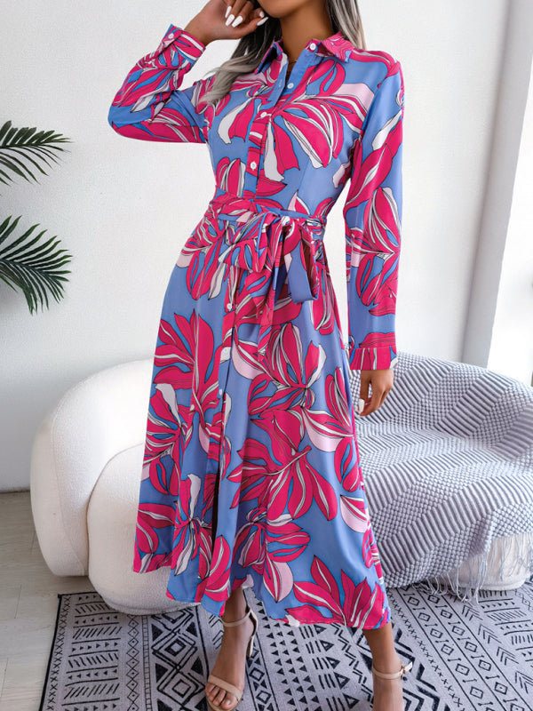 Women's Floral Print Lapel Shirt Dress with Tie Waist – Sleeveless & Woven