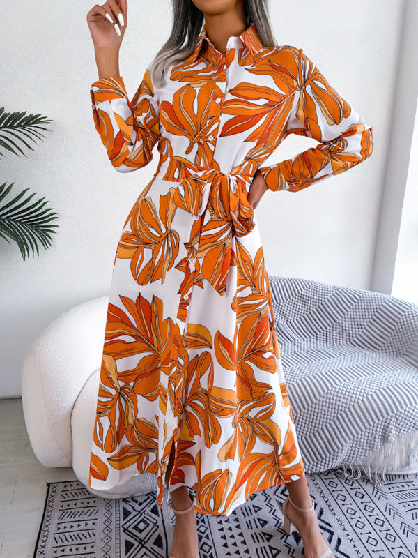 Women's Floral Print Lapel Shirt Dress with Tie Waist – Sleeveless & Woven