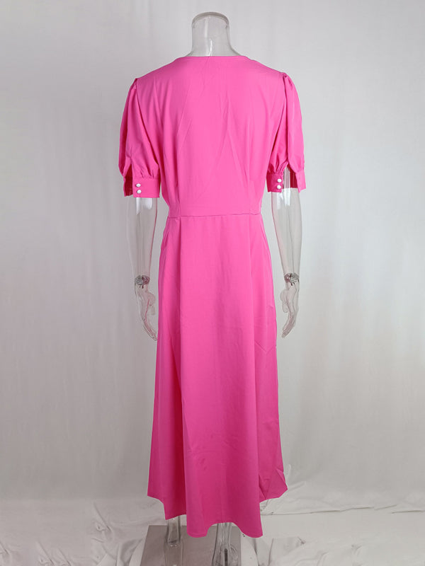 Single-Breasted Sleeveless Midi Dress – Thigh-High Slit, Solid Color