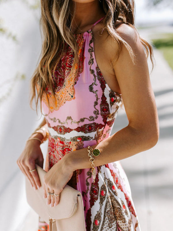 Printed Red Halter Neck High-Waist Midi Dress – Sleek, Woven Boho Style