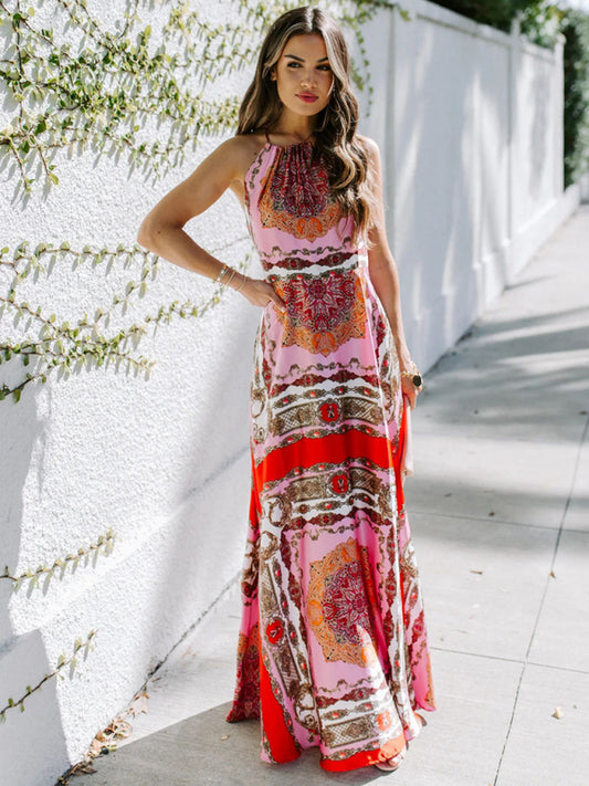 Printed Red Halter Neck High-Waist Midi Dress – Sleek, Woven Boho Style