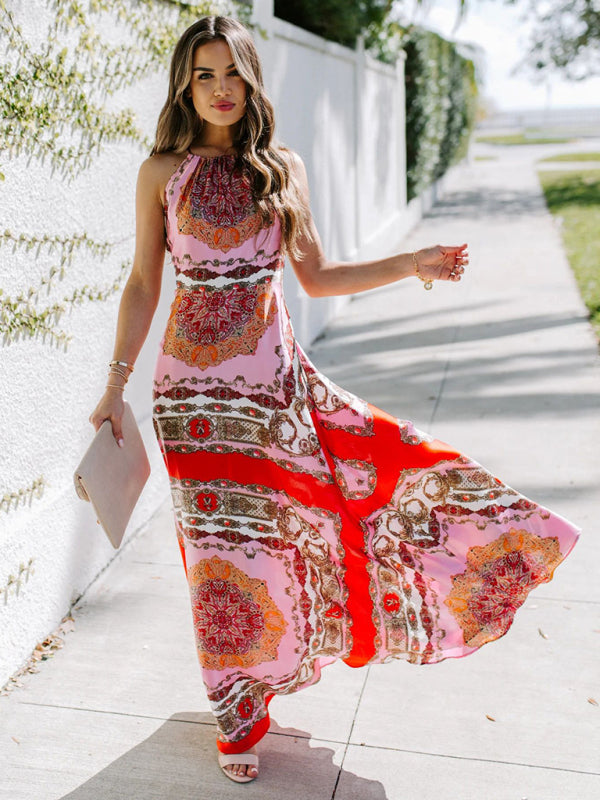 Printed Red Halter Neck High-Waist Midi Dress – Sleek, Woven Boho Style