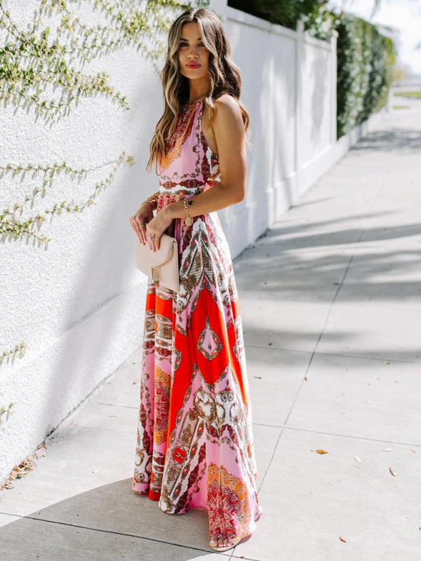 Printed Red Halter Neck High-Waist Midi Dress – Sleek, Woven Boho Style