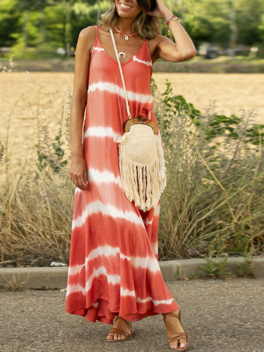 Swing Tie-Dye Striped Suspender Midi Dress – Leisure Fit, Spring-Summer Style