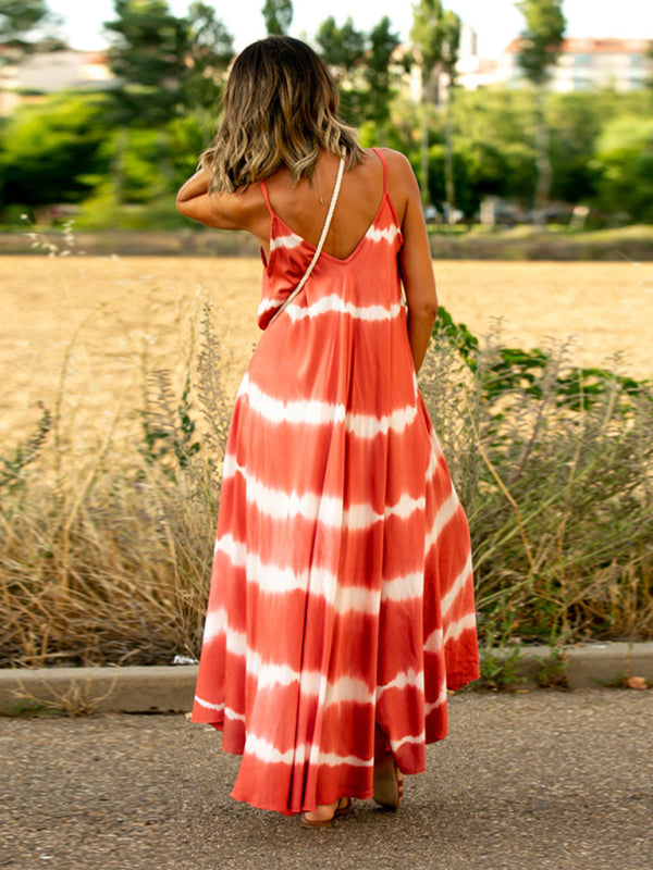 Swing Tie-Dye Striped Suspender Midi Dress – Leisure Fit, Spring-Summer Style