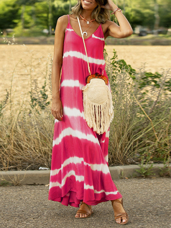 Swing Tie-Dye Striped Suspender Midi Dress – Leisure Fit, Spring-Summer Style
