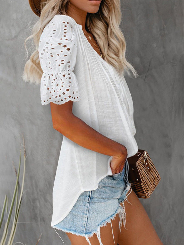 Lace Puff Sleeve V-Neck Cotton Button-Up Blouse