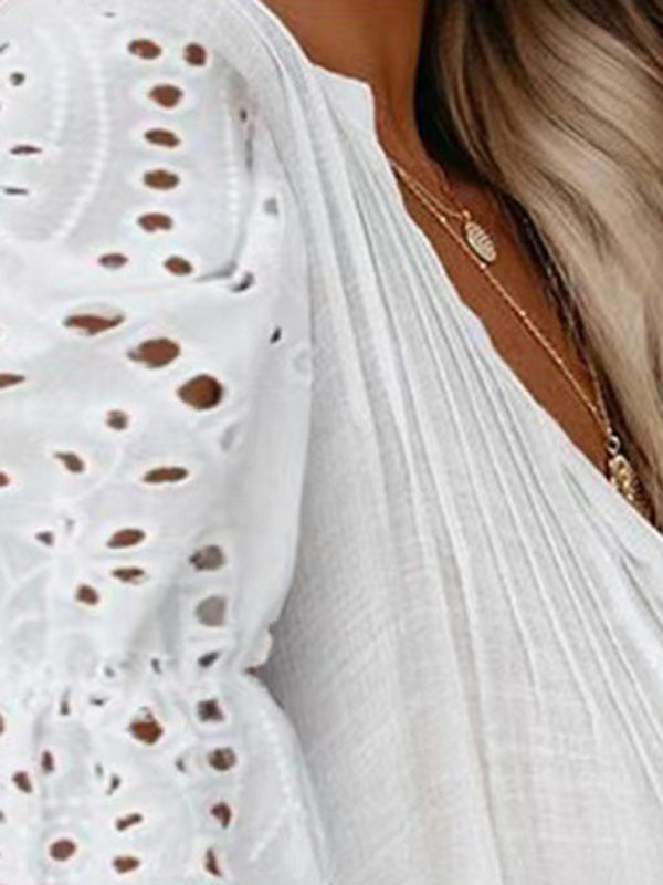 Lace Puff Sleeve V-Neck Cotton Button-Up Blouse