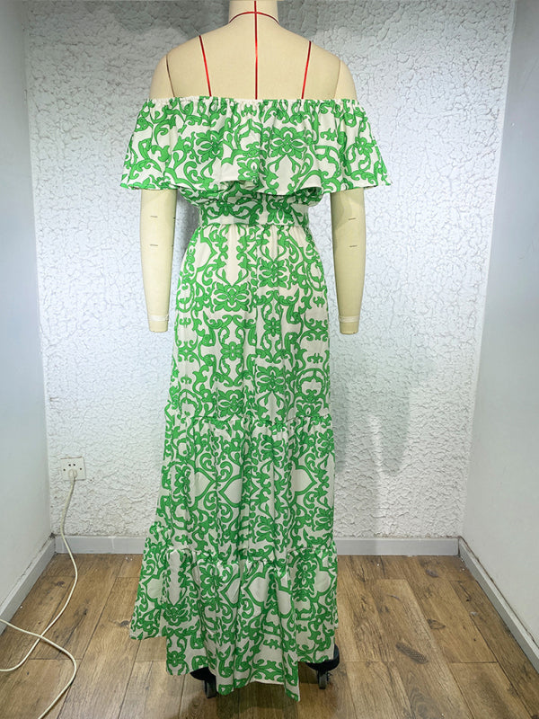 Printed One-Shoulder Ruffle Maxi Dress – Boat Neck Flowy Fit, Vacation-Ready