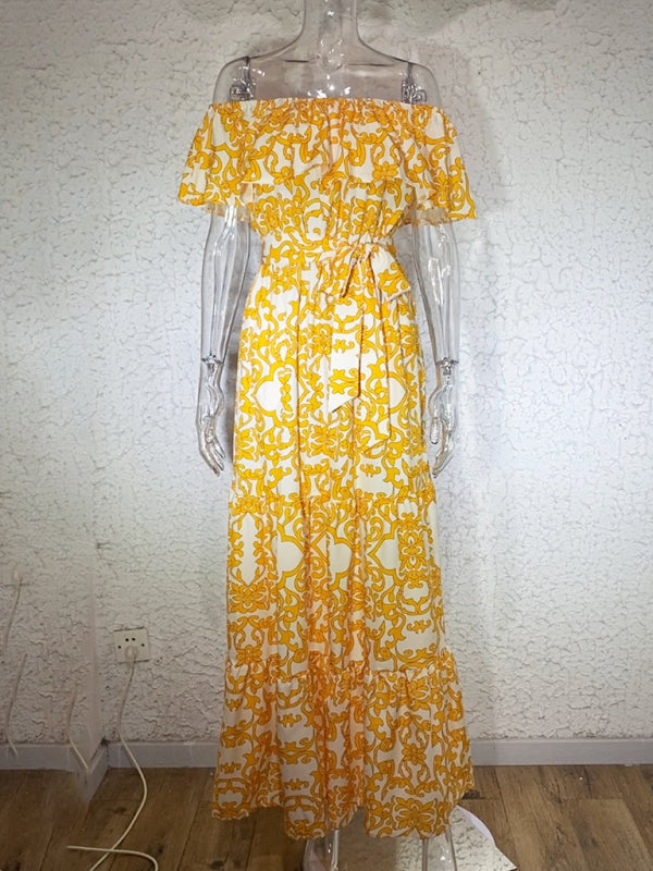 Printed One-Shoulder Ruffle Maxi Dress – Boat Neck Flowy Fit, Vacation-Ready