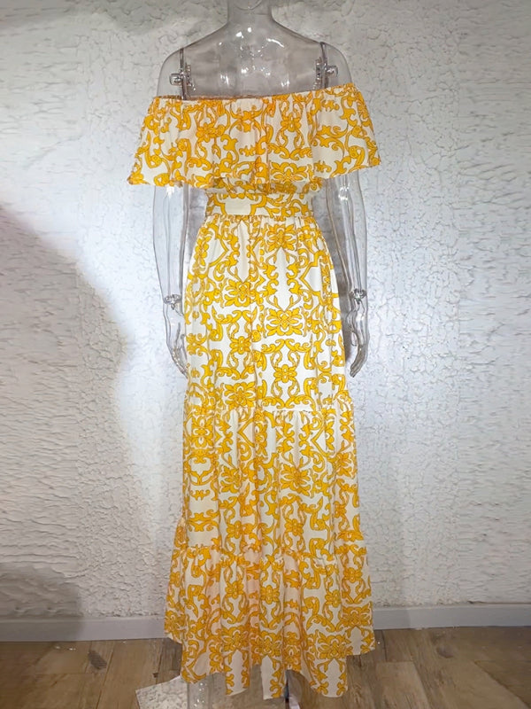 Printed One-Shoulder Ruffle Maxi Dress – Boat Neck Flowy Fit, Vacation-Ready