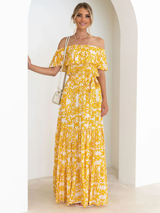 Printed One-Shoulder Ruffle Maxi Dress – Boat Neck Flowy Fit, Vacation-Ready