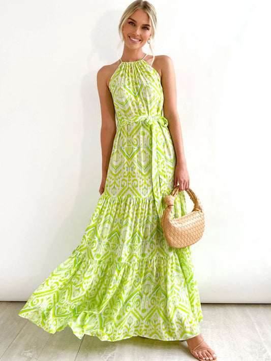 Elegant Geometric Halter Neck Sleeveless Maxi Dress – Boho Spring-Summer Style