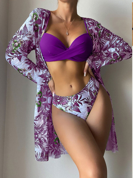 Three-Piece Mesh Bikini Swimsuit Set – Sexy Knit Cover-Up & Printed Design