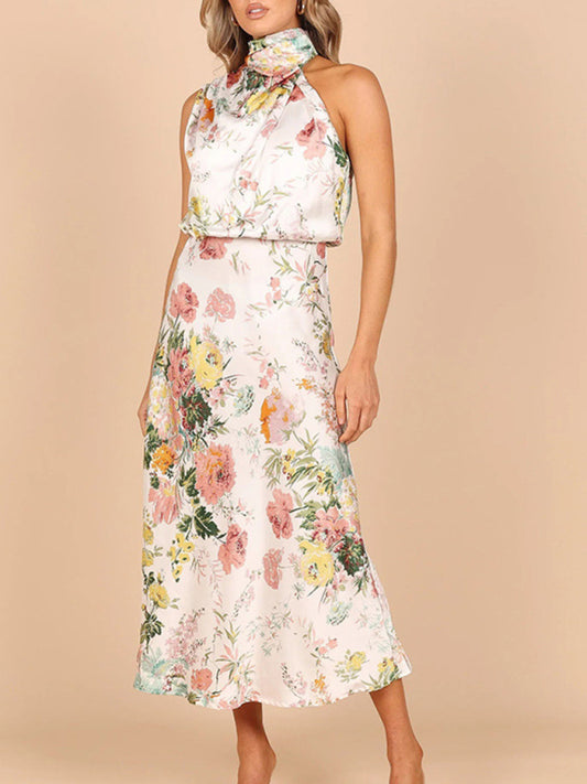 Satin Halter Neck Maxi Dress – Sleeveless Printed with Graceful Silhouette