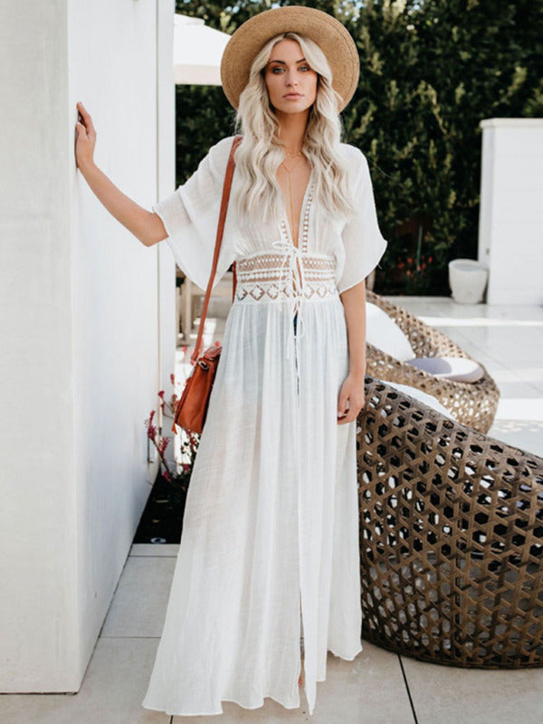 Hollow Waist Lace Beach Cover-Up – Lightweight Cotton Resort Cardigan Dress