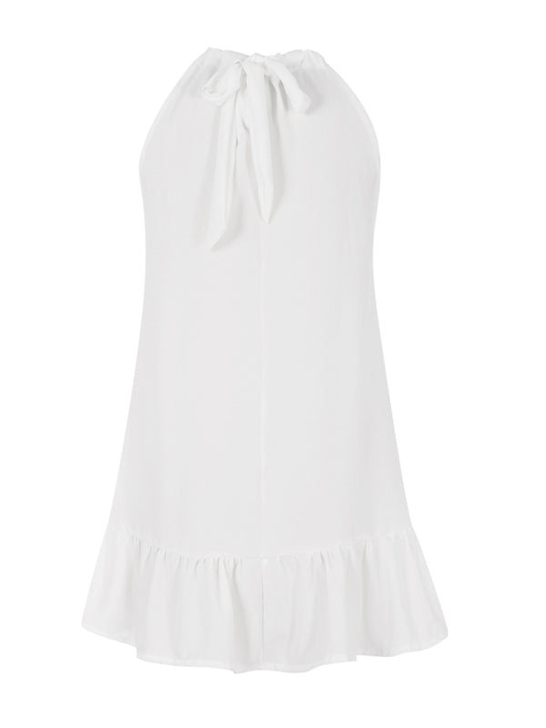 Halter Neck Sleeveless Summer Dress with Ruffles & Pleats – A-Line Fit