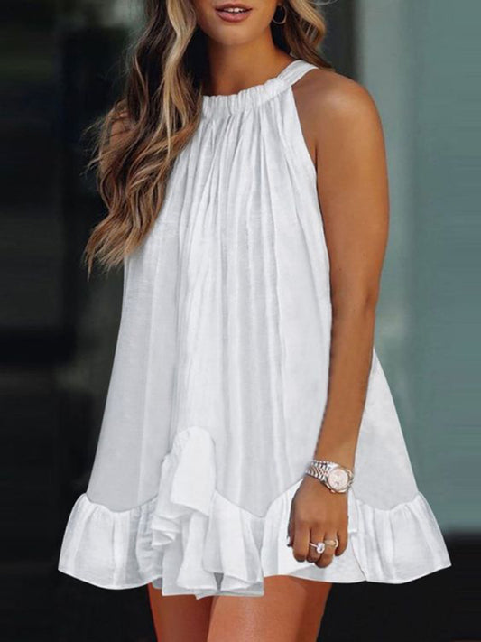 Halter Neck Sleeveless Summer Dress with Ruffles & Pleats – A-Line Fit